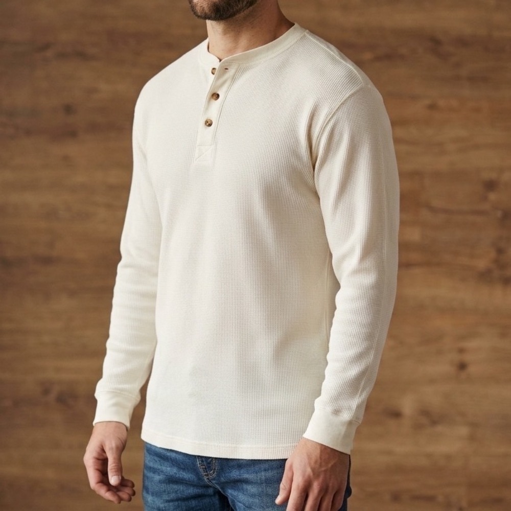 Vintage 90s NATURALIFE Heavyweight Waffle Knit Thermal Henley Shirt Cream XXL